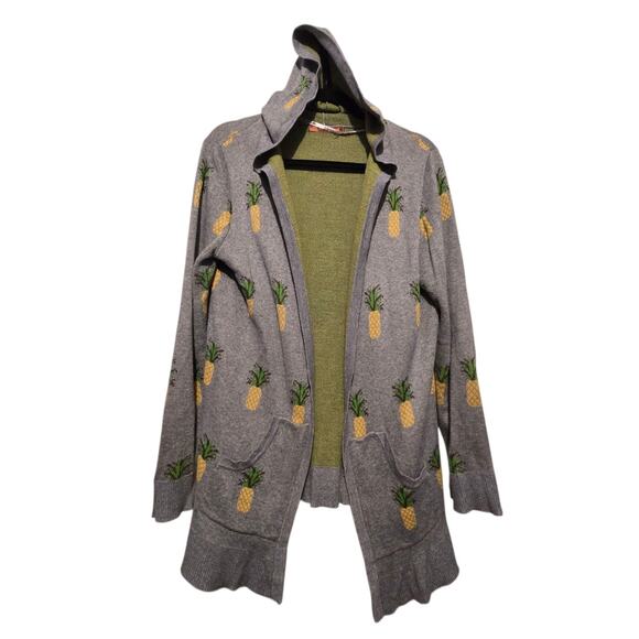 Belldini Pineapple Hooded Open Cardigan Sweater Womens XL Gray Yellow Whimsical - Picture 1 of 12